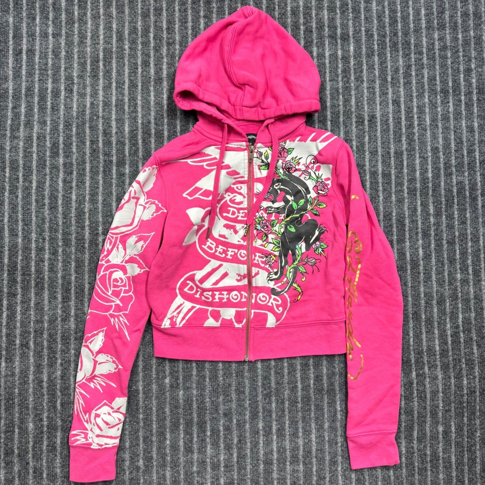 Ed Hardy Womens Zip Up Hoodie Small Pink Panther Tiger Tattoo Graphic Y2K Street